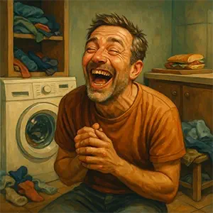 Eugenio riendo frente a una lavadora sin poder controlarse
