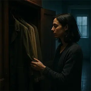 María abre el armario y busca entre la ropa