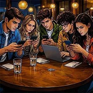 Cinco amigos sentados en una mesa buscando donde comer ramen