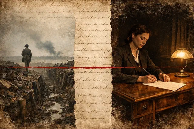 Imagen partida donde aparece una trinchera y Elena escribiendo una carta, atravesada por una línea roja