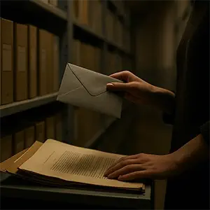 Clara en el archivador leyendo el expediente