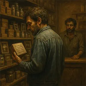 El hombre sin nombre sostiene una caja en su mano en la tienda