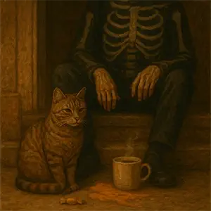 El hombre disfrazado de esqueleto sentado en un escalón, junto a Félix el gato