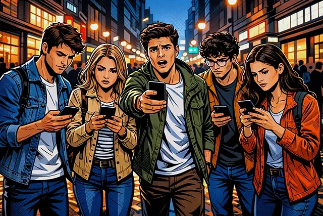 Grupo de cinco amigos buscan un restaurante Japonés