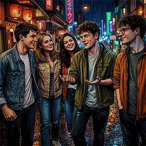 Cinco amigos después de cenar, ríen en la calle