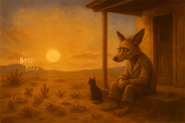 Einar el coyote sentado en el porche de la cabaña con el gato