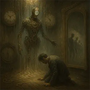 Hombre arrodillado ante una figura humanoide de engranajes y cristal mientras cae arena del techo; un espejo muestra infinitas versiones de sí mismo.