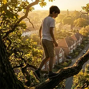 Antes me subía a los árboles, es el pensamiento de un hombre mayor, en la imagen se ve así mismo caminado por la rama de un árbol, debajo los tejados del pueblo