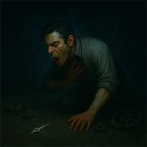 Hombre arrodillado en un sótano oscuro, tosiendo una aguja de cuarzo mientras engranajes oxidados y sombras distorsionadas lo rodean.