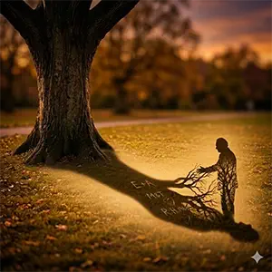 Un gran árbol refleja una sombra que se funde con el hombre mayor que ahora les da la vuelta