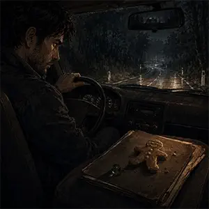 La galleta de jengibre y la canica que acompañan al protagonista de regreso a la ciudad en su coche