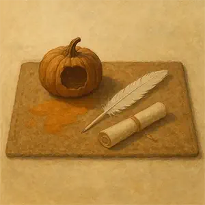 Una tabla con una calabaza vacía una pluma y un pergamino