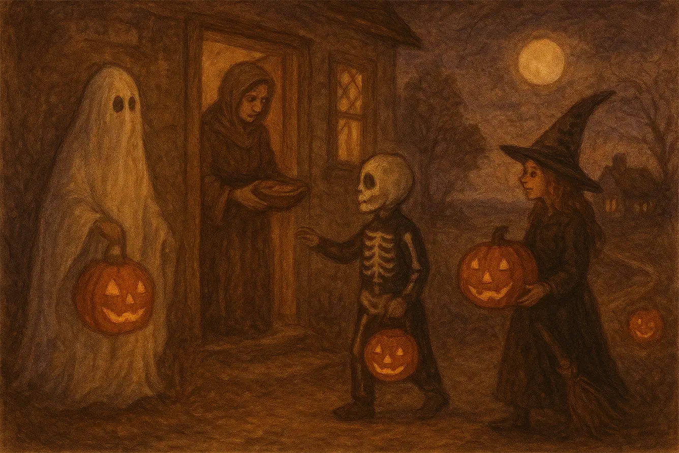 Niños disfrazados de esqueleto, bruja y fantasma piden el Truco o Trato