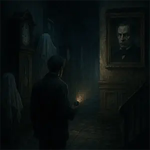 Hombre avanzando con linterna por un pasillo polvoriento de la mansión, rodeado de relojes cubiertos y un retrato que lo observa.