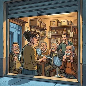 Vecinos practican sonrisas artificiales frente a espejos, en una reunión secreta organizada por la estanquera.