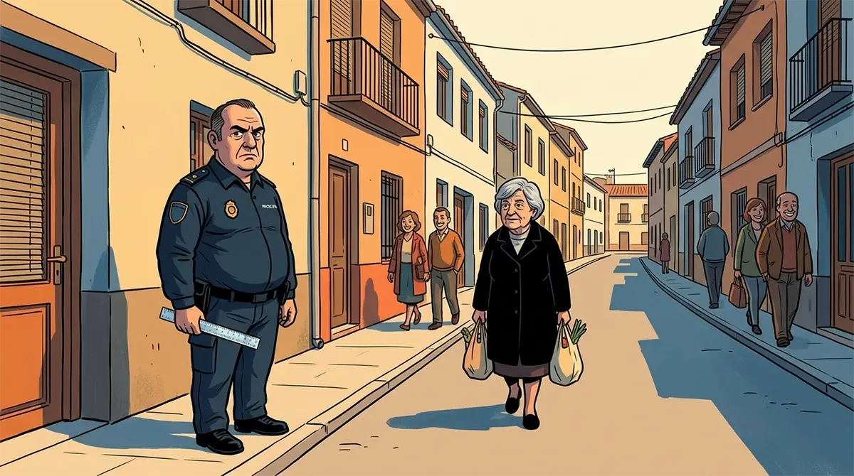 Un guardia municipal mide con una regla la sonrisa de una vecina en una calle de Villagracia.