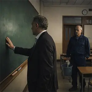 El doctor Aldana ve la pizarra limpia y pasa la mano por ella, mientras el conserje le observa desde la puerta