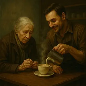 Cafetería pequeña donde Luis sirve un café espumoso a una mujer anciana, y el vapor refleja recuerdos difusos