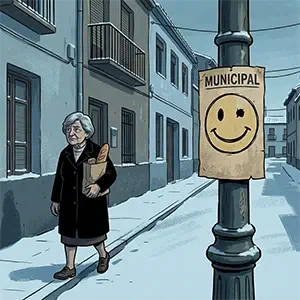 Paquita camina por una calle del pueblo junto a un cartel con una carita sonriente a la que le falta un ojo.