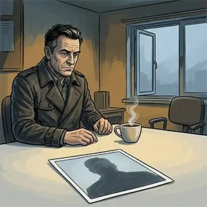 Tom&aacute;s sentado en su despacho con un caf&eacute;, y una fotograf&iacute;a boca arriba sobre la mesa
