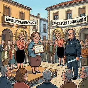 Una vecina recibe un premio municipal por tener la mejor sonrisa del pueblo.