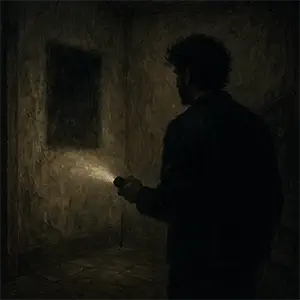 Un cuarto vacío con una mancha en la pared como si fuera un cuadro, Einar alumbra con una linterna