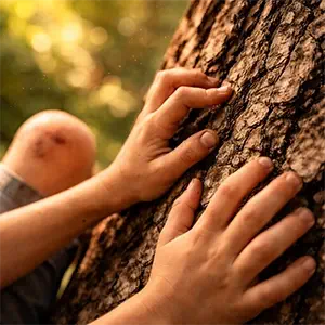 Las manos de un niño con  las rodillas raspadas aferrándose a el tronco de un árbol