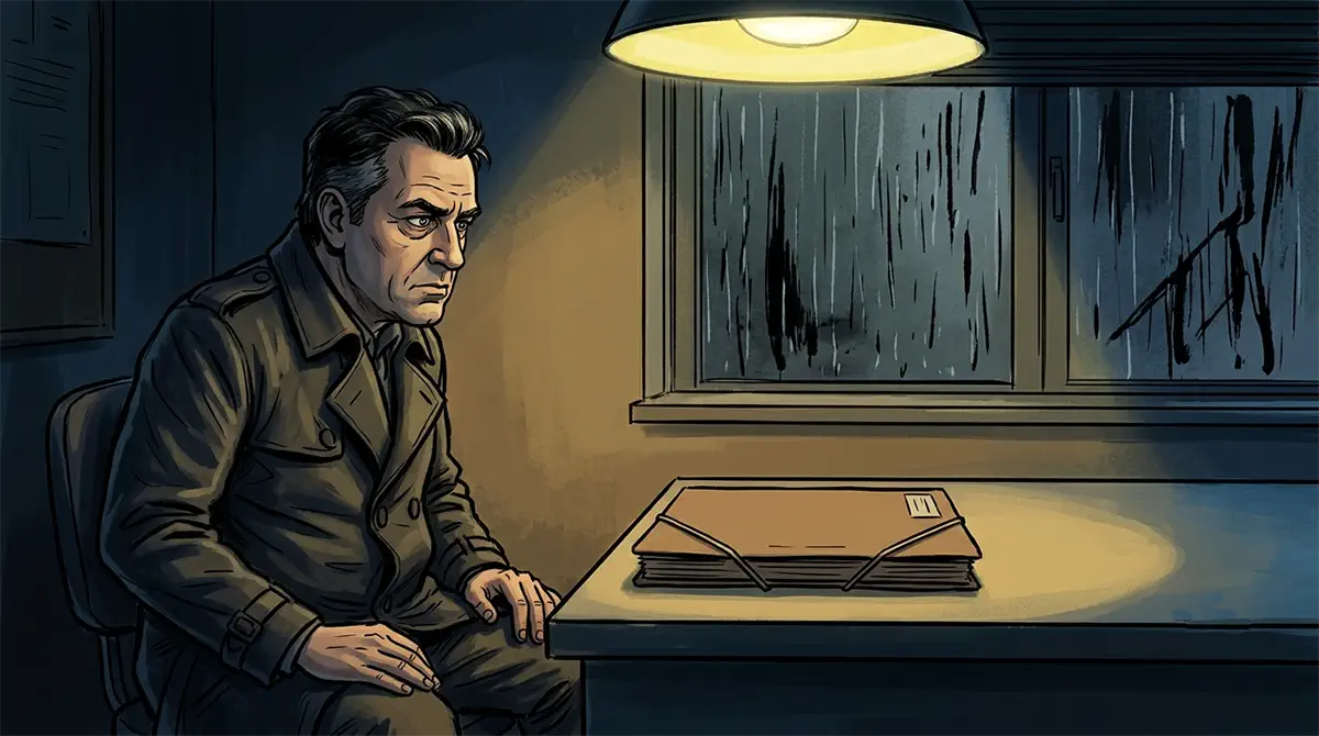 Detective de mediana edad sentado en un despacho oscuro mirando una carpeta cerrada sobre la mesa, bajo luz de fluorescente, con lluvia en la ventana