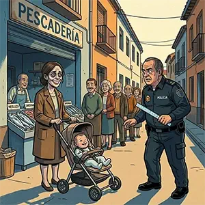 Una madre agotada muestra una sonrisa exagerada mientras un guardia municipal la inspecciona.