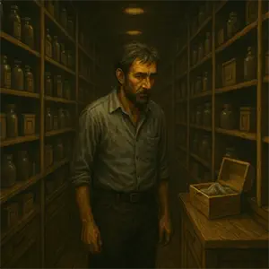 Alfredo en el pasillo lleno de recuerdos una caja abierta frente a el con un trozo de manta dentro