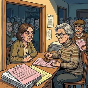 Una funcionaria seria con gafas sella impresos rosas titulados «Formulario 7B» en una oficina municipal. Frente a ella, una mujer llorosa rellena el papel, mientras Mariano y una larga cola de vecinos esperan pacientemente su turno al fondo.