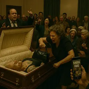 Salón de actos caótico con ataúd abierto, desconocido tatuado con diente de oro, viuda indignada y vecinos discutiendo mientras alguien graba Funeral fake con su móvil