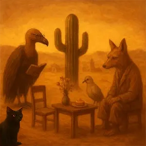Un buitre, un cactus, la paloma. el gato i Einar sentados en una mesa
