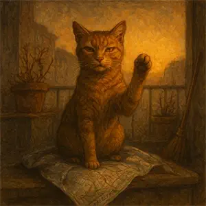 M. Félix, el gato sentado sobre un cojín levanta su pata izquierda