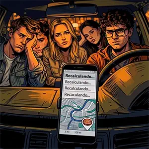 Los cinco amigos en el coche con el GPS, recalculando, recalculando