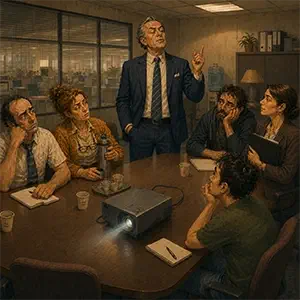 Don Abelardo Mena da una reunión urgente en una sala de juntas mientras Merche, Julián, Tomás, Laura y Kevin lo escuchan con cansancio, rodeados de vasos de café y un proyector.