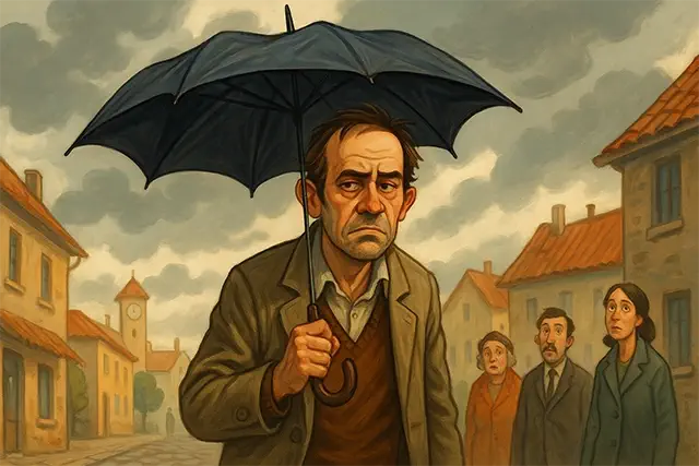 Eulogio Sardá con el paraguas abierto mientras lo observa el pueblo