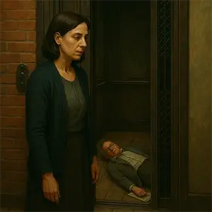 Rosa frente al ascensor antiguo abierto, donde yace el señor Pérez con el periódico aún bajo el brazo