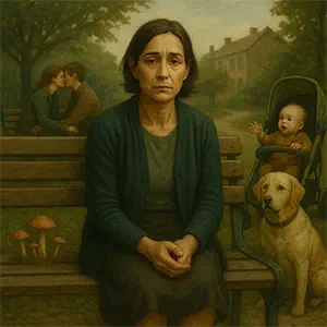 Banco urbano rodeado de comienzos: una pareja besándose, un bebé balbuceando, un perro tranquilo y setas creciendo