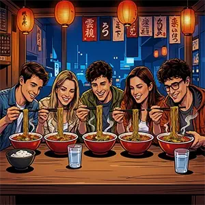 Los cinco amigos con un cuenco de ramen cada uno y comiendo con palillos