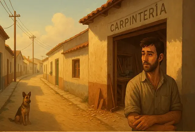 Saliendo de la carpintería junto a su perra Layka