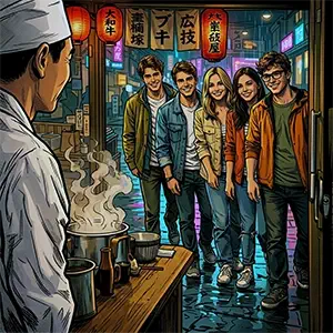 Los 5 amigos encuentran un restaurante donde comer, abren la puerta y entran