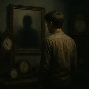 Hombre frente a un espejo rodeado de relojes antiguos, donde su reflejo envejecido lo observa con una mueca extraña desde la penumbra.