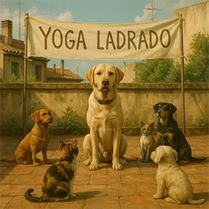 Perro labrador llamado, Max sentado como terapeuta en la terraza comunitaria, rodeado de perros atentos y un gato participando