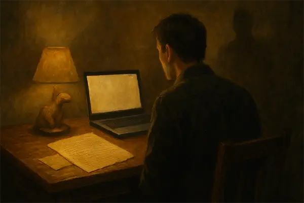 Sentado en el escritorio con documentos y un ordenador