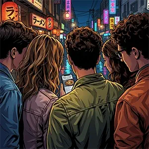 Los 5 amigos mirando una receta de ramen picante, en el móvil