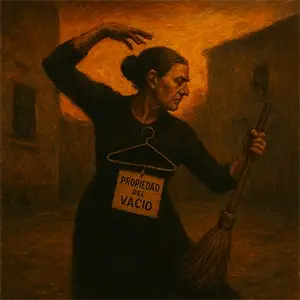 Clotilde con una percha en el cuello y un cartel que pone. Propiedad del Vacío