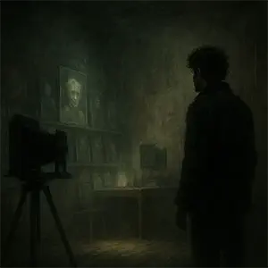 Einar observa un retrato en la pared a su lado una cámara antigua con trípode