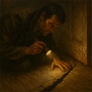 Elías en el desván maldito observando la grieta junto a la puerta