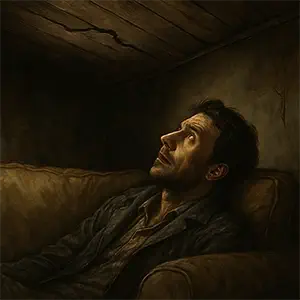 Elías en el sofá mirando al techo donde se ve una grieta